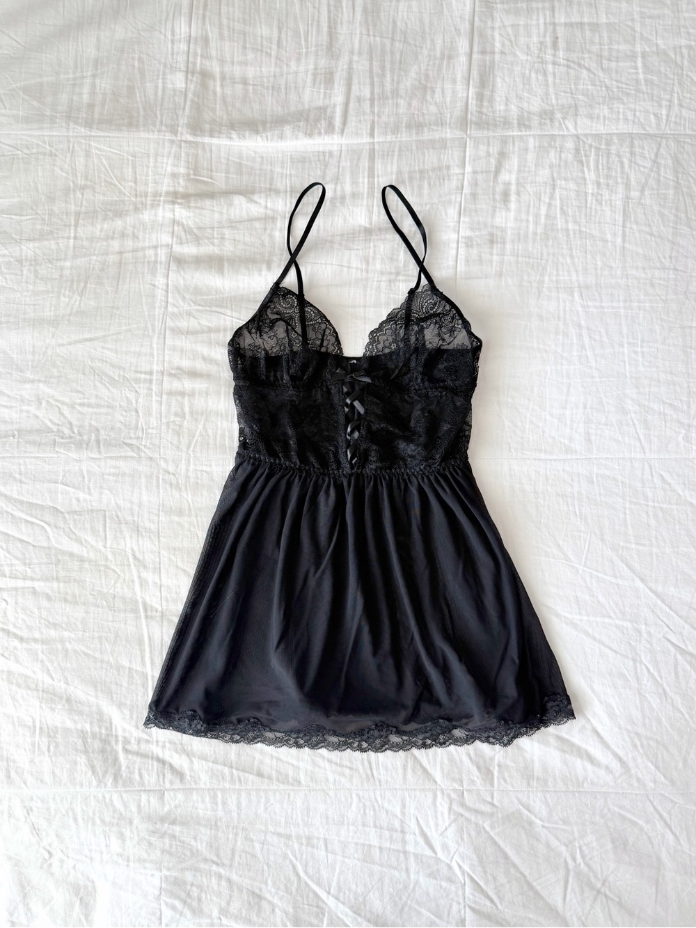 Black Floral Lace Babydoll Dress w/ Criss Cross Ribbon Bowtie Front Size XS-S